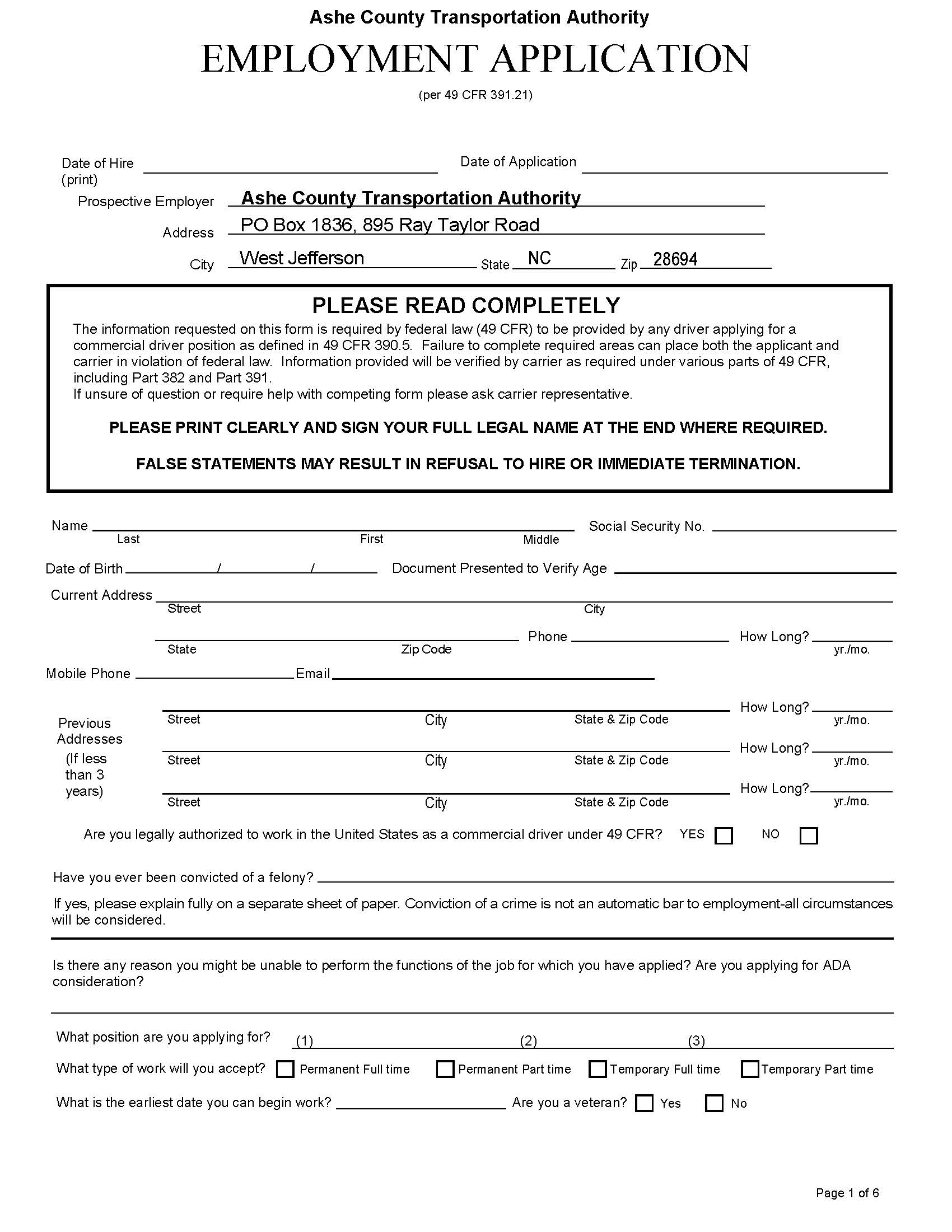 Usdot Application Example.pdf Employment Application – Ashe County Transportation Authority